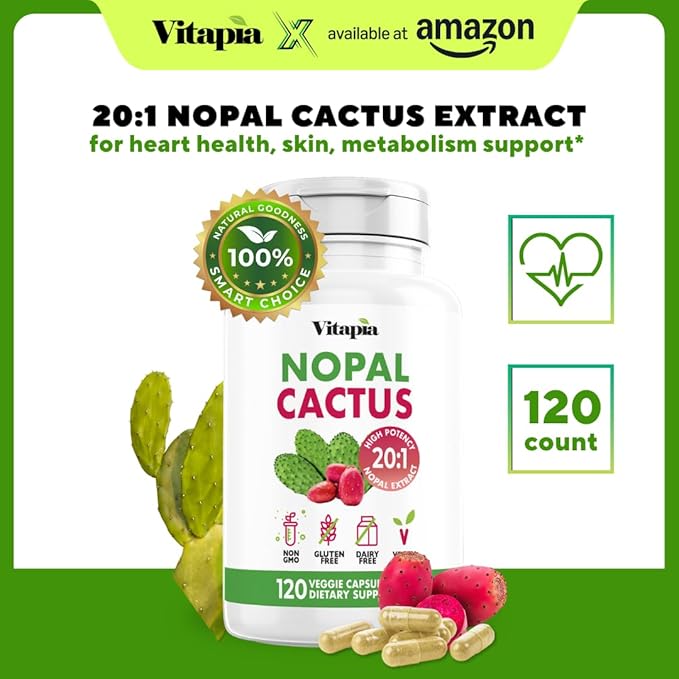 Vitapia Nopal Cactus Extract for Antioxidant Skin Metabolism Wellness Heart Health Support - 120 Veggie Capsules - Non GMO Gluten Free Supplement