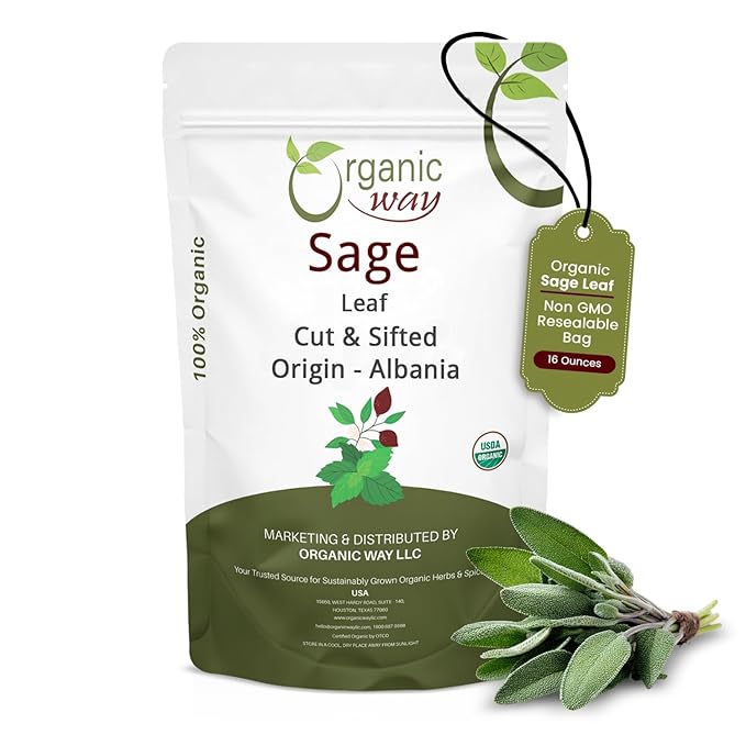 Organic Way Sage Leaf Cut &amp Sifted (Salvia officinalis) | Herbal Tea - European Wild-Harvest | Kosher Certified | Raw Non GMO &amp Gluten Free | USDA Certified | Origin - Albania | 16 Oz (Pack o