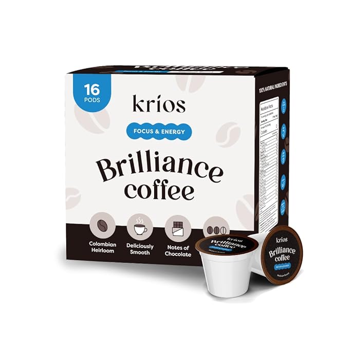 Krios Coffee Brilliance Coffee Pods Enhance Energy &amp Focus with Essential Vitamins L-Theanine Bacopa Monnieri &amp Rhodiola Rosea Medium Roast Smooth 16 Ct