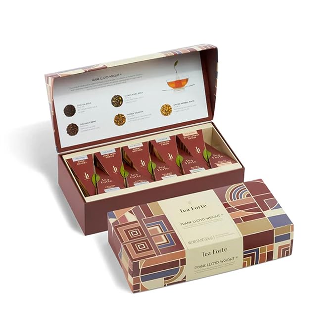 Tea Forte Premium Petite Presentation Box Gift Set Sampler 10 Count 2 of Each Blend Individually Wrapped Handcrafted Pyramid Infuser Bags Frank Lloyd Wright Tea