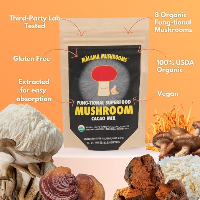 Malama 8-Mushroom Hot Cacao Mix Organic Chocolate Blend Mushroom Powder for Focus &amp Inmune Support – with Lion's Mane Reishi Chaga Turkey Tail – Vegan Supplement 3.5 oz (50 Servings)