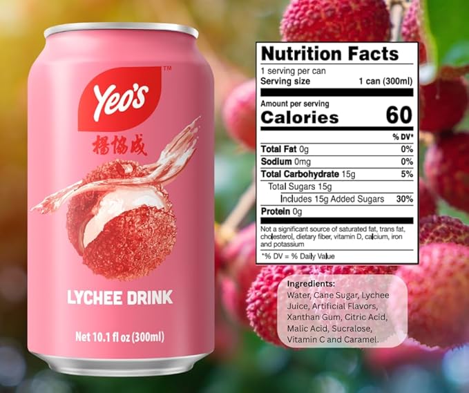 Yeo’s Lychee Drink 10.1 fl oz – Sweet Tropical Lychee Fruit Beverage Ready to Drink Serve Chilled or Over Ice (Pack of 24 Cans)