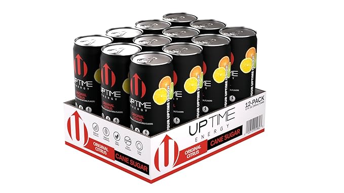 UPTIME Energy Drink Original Citrus Cane Sugar 12 Pack Vitamin C L Theanine Calcium Energy Drinks for Focus Support 142mg of Natural Caffeine per Serving Clean Natural Non GMO 12 fl oz Cans