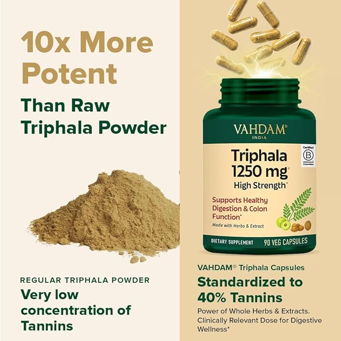 VAHDAM Triphala Capsules 1250 mg - High Strength Supplement with Amla Bibhitaki Haritaki Extract | Supports Healthy Digestion &amp Colon Function | 90 Capsules