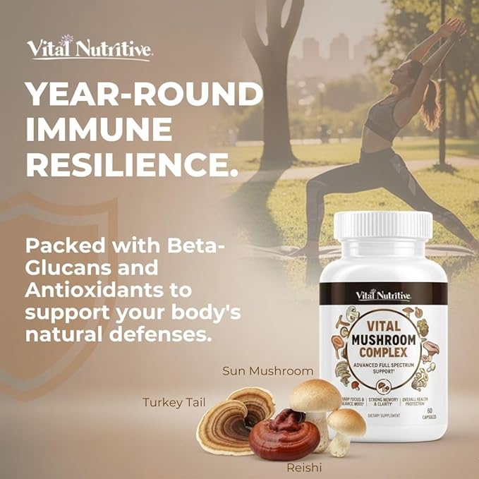 Vital 10-in-1 Mushroom Supplement Complex – High Potency Lion’s Mane Cordyceps Reishi &amp Turkey Tail Capsules – Nootropic Brain Support for Memory Focus &amp Energy – 30 Day Supply