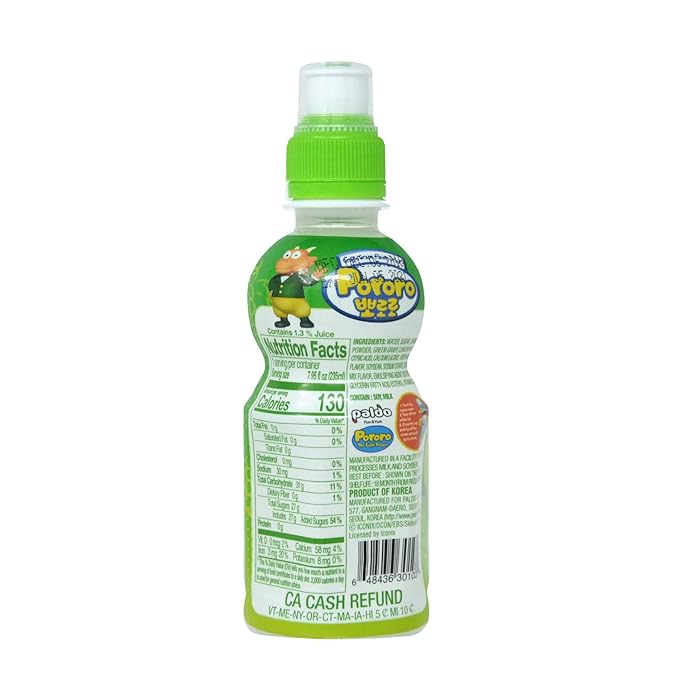 Paldo Fun &amp Yum Pororo Kids Green Grape Flavor Drink Pack of 8 Fruit Juice Drinks with Comfortable Push-Pull Sports Cap Perfect Drink for Children 7.95 fl oz. x 8