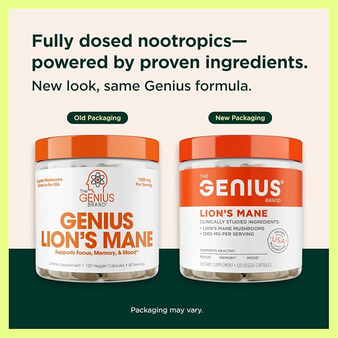 The Genius Brand Genius Lion's Mane - Plant-Based Supplement for Memory Focus &amp Mood Support - Organic &amp Non-GMO - 120 Veggie Capsules
