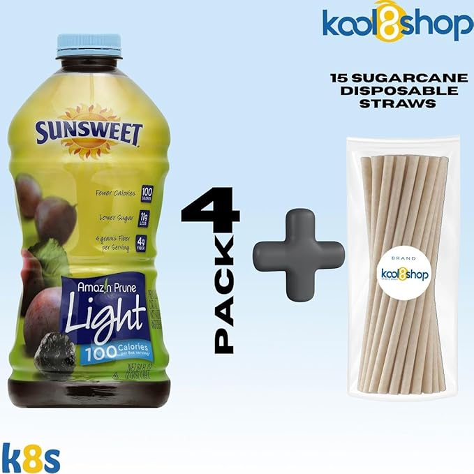 Sunsweet Amazin Prune Light Juice 64 fl oz Plastic Bottles 4 Pack + 15 Sugarcane Disposable Straws by KOOL8SHOP Infinite Deals