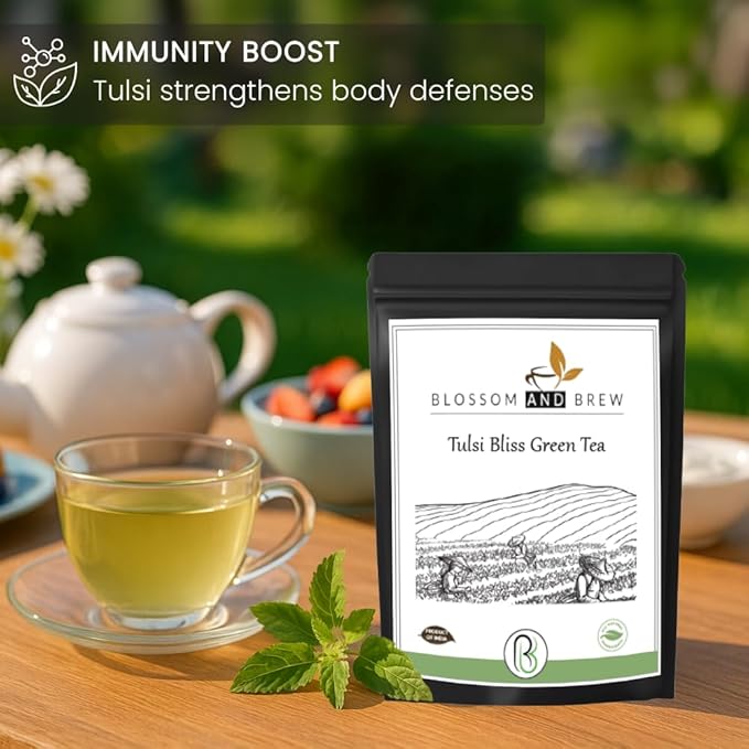Blossom &amp Brew Tulsi Bliss Green Tea (2.46oz) Loose Leaf Premium Herbal Green Tea Green Loose Leaf with Tulsi/Basil Leaves Natural Ingredients Brew Hot or Iced