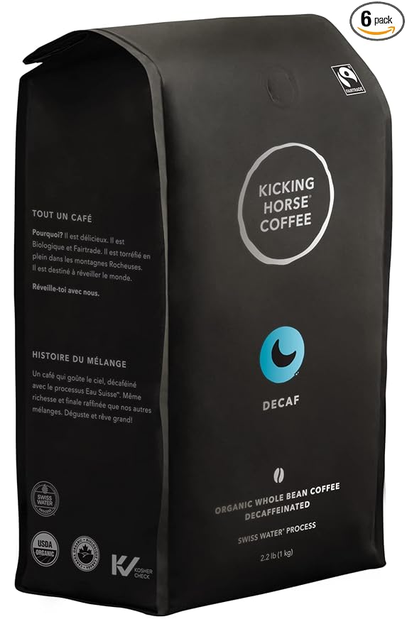 Kicking Horse Coffee Decaf Swiss Water Process Dark Roast Whole Bean Certified Organic Fairtrade Kosher Black 35.274 Oz Pack of 6