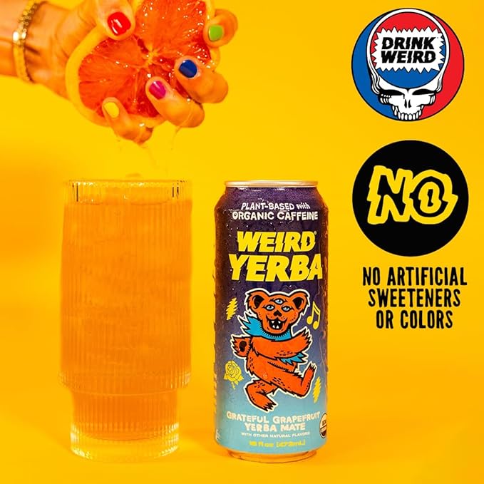 Drink Weird Organic Grateful Grapefruit Yerba Mate – 16oz Cans 160mg Organic Caffeine Pack of 12 – Grateful Dead Collab Healthy Energy Drink Alternative