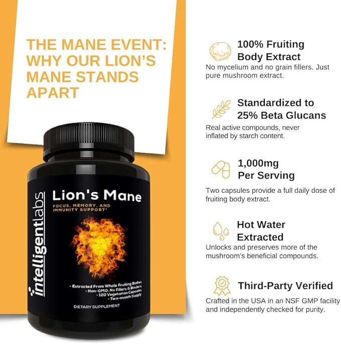 Intelligent Labs Lion’s Mane Mushroom Capsules Extracted from The Fruiting Bodies of Hericium Erinaceus Minimum 25% Beta Glucans No Grain Fillers 2-Month Supply