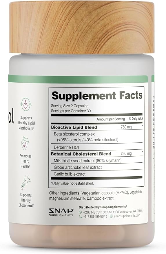 Snap Supplements Cholesterol Health - Artichoke Milk Thistle Garlic and Berberine Supplement with Beta Sitosterol (95% Plant Sterols) for Digestive and Metabolic Support 60 Capsules (30 Servings)