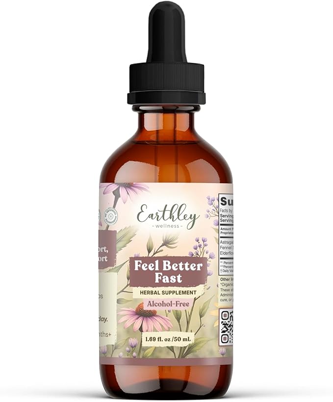Earthley Wellness Feel Better Fast All-Natural Relief for Minor Ailments Organic Herbal Formula Supports Immune &amp Digestive Health Echinacea Root and More 6 Month Supply (1.69oz Glass 500 do