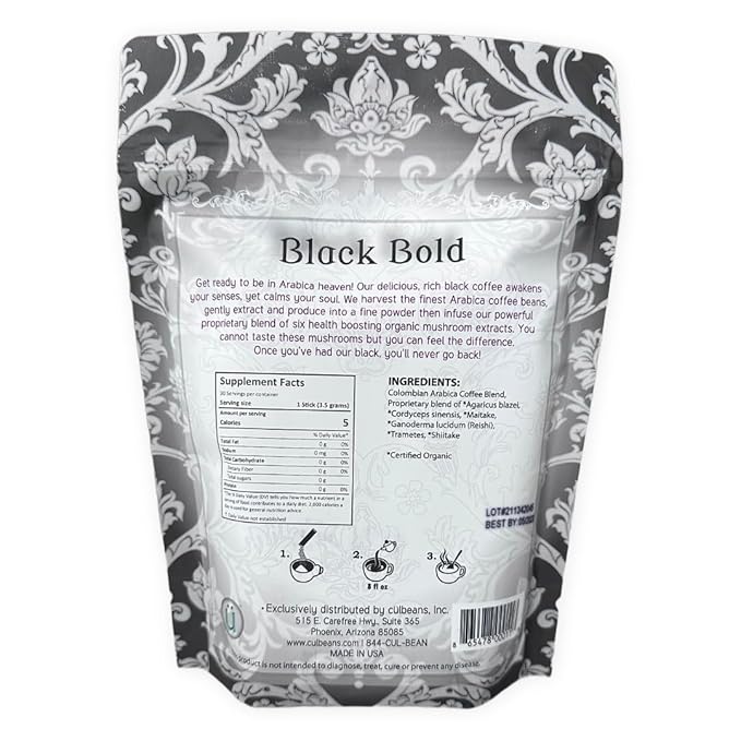 Arabica Coffee Blend with six Organic Mushrooms Instant Ground Coffee great for on the go! Arabica Blend (Black Bold)