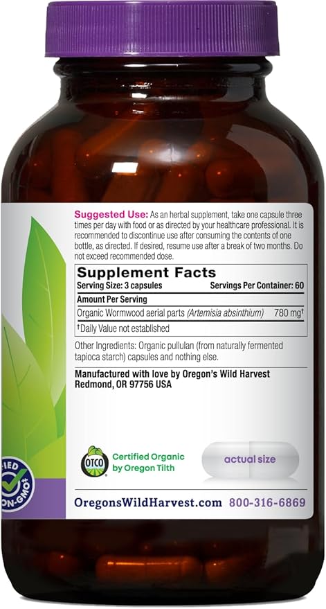 Oregon's Wild Harvest Wormwood Herbal Supplement – Organic Digestion Support Non-GMO Gluten-Free 180 Vegan Capsules