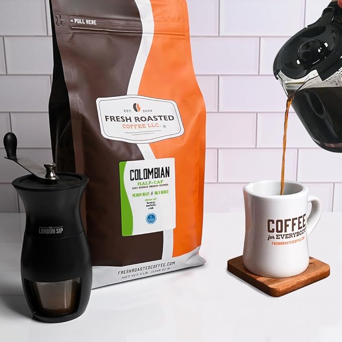 Fresh Roasted Coffee100% Colombian Water Half-Caf 5 lb (80 oz) Kosher Medium Roast Ground