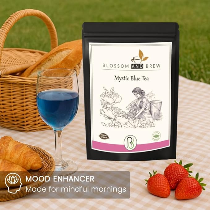 Blossom &amp Brew Mystic Blue Tea – Pure Natural Caffeine-Free | Non-GMO Vegan Gluten-Free | Blue Herbal Tea for Iced Drinks Cocktails Hot Brews and Coloring 2.47 Oz