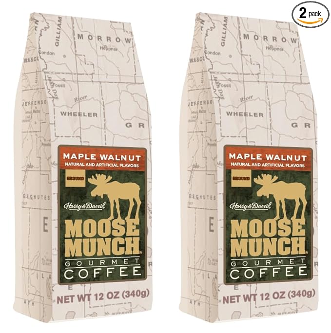 Moose Munch Maple Walnut Ground Coffee – 2 Pack 12 oz Bags – Sweet Maple Flavor with Nutty Walnut Flavored Medium Roast Coffee