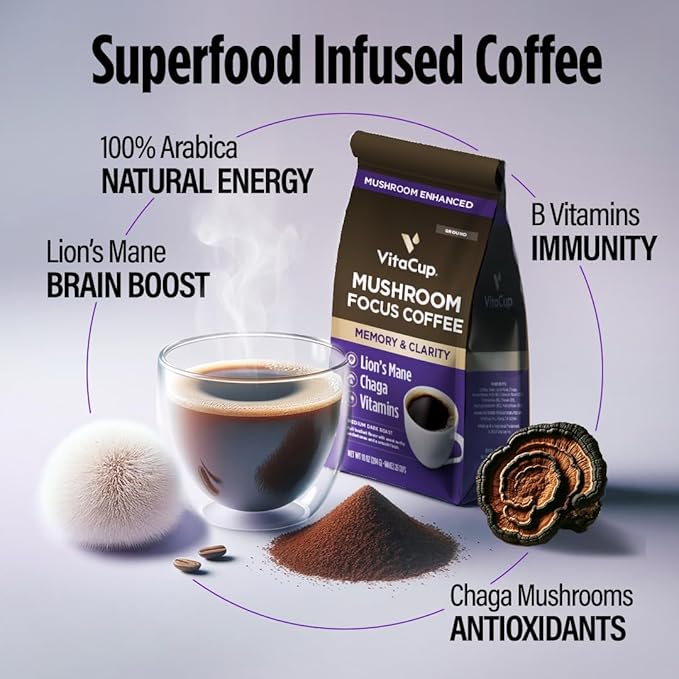 Vitacup Focus Mushroom Ground Coffee &amp Keto + Collagen Vanilla Coffee Creamer Bundle for Immune Support &amp Focus Cognitive Support 10oz ground coffee &amp 10 oz Creamer Powder Bag