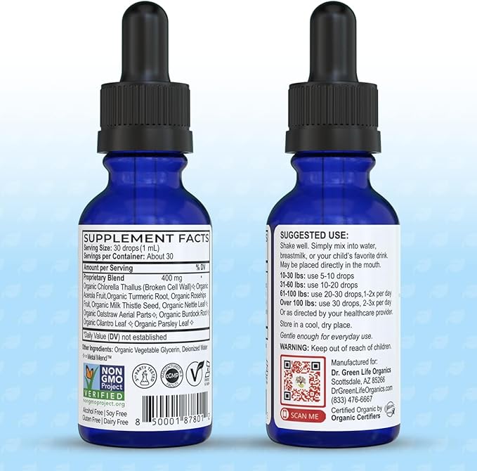 Dr. Green Mom Organic VaxClear with Metal Mend Herbal Heavy Metal Detox Drops for Kids and Infants with Chlorella Turmeric Cilantro and Milk Thistle to Cleanse and Support Immune Response
