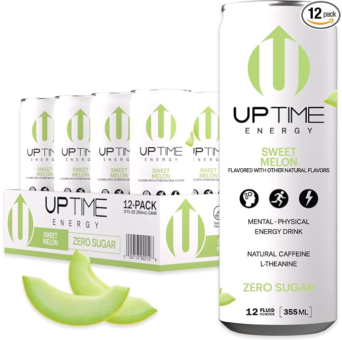 UPTIME Energy Drink Sweet Summer Melon Sparkling 12 Pack Vitamin C L Theanine Calcium Sugar Free Energy Drinks for Focus Support 142mg of Natural Caffeine 5 Calories Natural 12 fl oz Cans