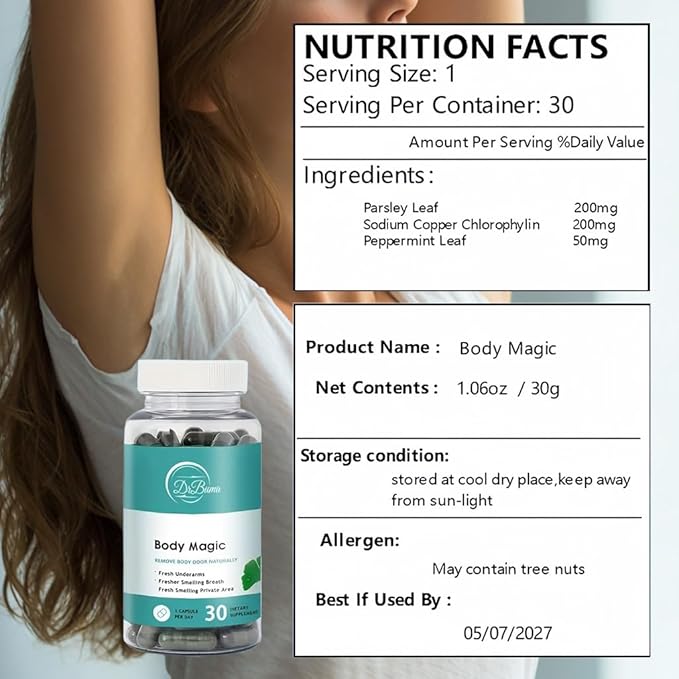 Body Magic Chlorophyll Capsules: 30 Vegan Capsules for Detox Digestion - Natural Energy Booster for Gut Health Skin Support and Oily Skin