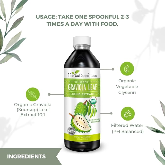 Herbal Goodness Soursop Graviola Liquid Drops 12 Fl Oz - 15X Strength Organic Guanábana Soursop Leaves Extract for Gut Health Cell &amp Immune Support Serene Soursop Drops - Vegan Non-GMO Made in