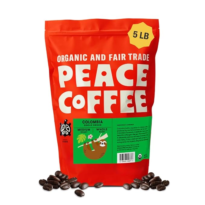 Peace Coffee Colombia Single Origin Medium Roast Whole Bean Coffee 5 lb Organic Fair Trade Crisp Mild Flavor Shade Grown Fresh Roasted
