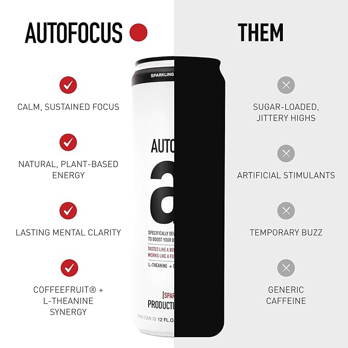 AUTOFOCUS Sparkling Energy Drink - Sparkling Focus Drink with Coffee Fruit &amp L-Theanine - Clean Caffeine Brain Booster - No Added Sugar Sparkling Productivity Drink - Black Currant - 12oz (Pack of