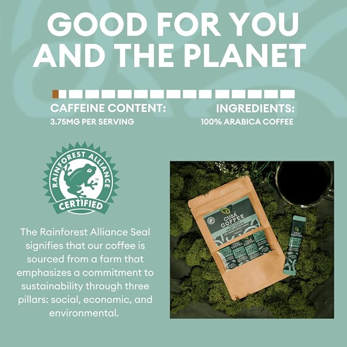Cusa Tea &amp Coffee | Premium Instant 100% Arabica Decaf | Rainforest Alliance Certified Arabica Beans | Hot or Cold Brew Drink Mix Packets (30 Single Servings)