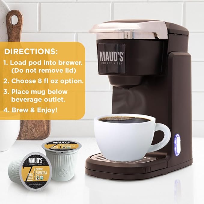 Maud's Organic Sumatra Coffee Pods 50 ct Single Origin Sumatran Dark Roast Coffee in Single Serve Pods – 100% Arabica Coffee Compatible with Keurig K Cups Maker