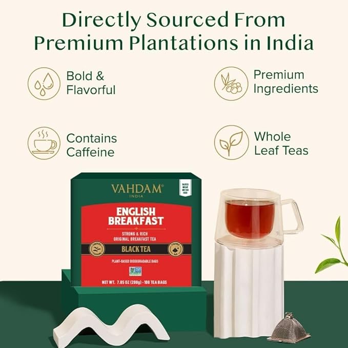 VAHDAM English Breakfast Black Tea Bags (100 Count) High Caffeine | Strong Robust &amp Flavoury | Pyramid Tea Bags | Full Bodied Black Tea Leaves