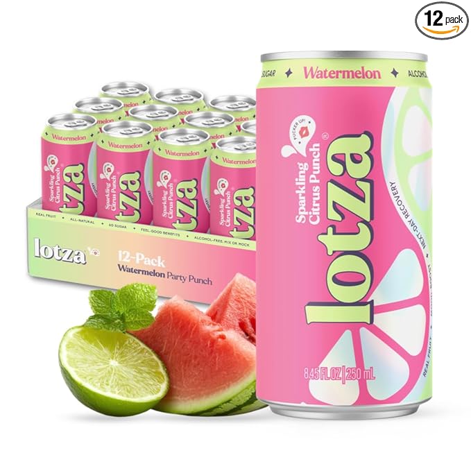 Lotza Sparkling Non-Alcoholic Adaptogen Drink with Electrolytes | Non-Alcoholic Mocktail &amp Drink Mixer| Antioxidants &amp Real Fruit (Pack of 12) Watermelon