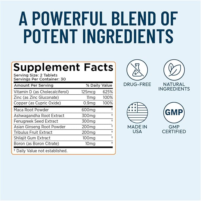 Men's Support Supplement - Ashwagandha Fenugreek Ginseng Maca Shilajit Gum &amp Tribulus Fruit Extract - 60 Tablets