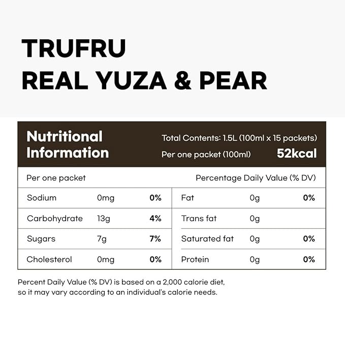 Korean Food Trufru Real Yuzu Pear Ginger Essence - All-Natural Cold Pressed Vitality Shot Morning Recovery 15 Individual Mini Packs (17.8 oz Total)