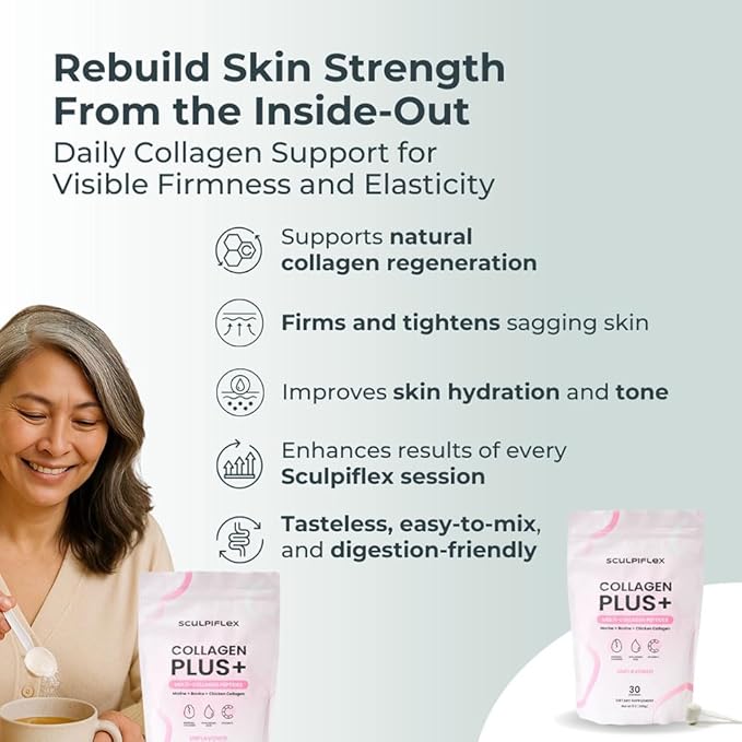 Sculpiflex Hydrolyzed Collagen Peptides Powder Marine Bovine and Chicken Unflavored Multi Collagen Complex for Women Firms Skin and Boosts Elasticity Hydrating with Hyaluronic Acid (30 Servings)
