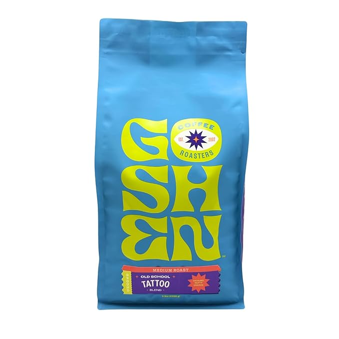 Goshen Coffee Roasters Ground Old School Tattoo House Blend | Medium Roast Brewed or Espresso | Award-Winning Natural and Washed | Caramel Nutty Orange Flavors | 5 lb Bag
