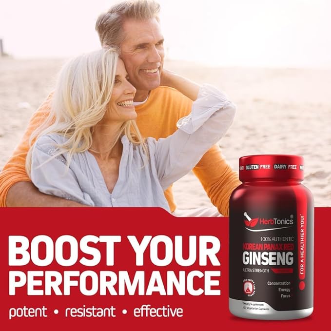 Herbtonics Korean Red Panax Ginseng 1500mg - Energy Supplement for Peak Performance Focus &amp Vitality - High Potency Ginseng Root Extract - 120 Vegan Capsules