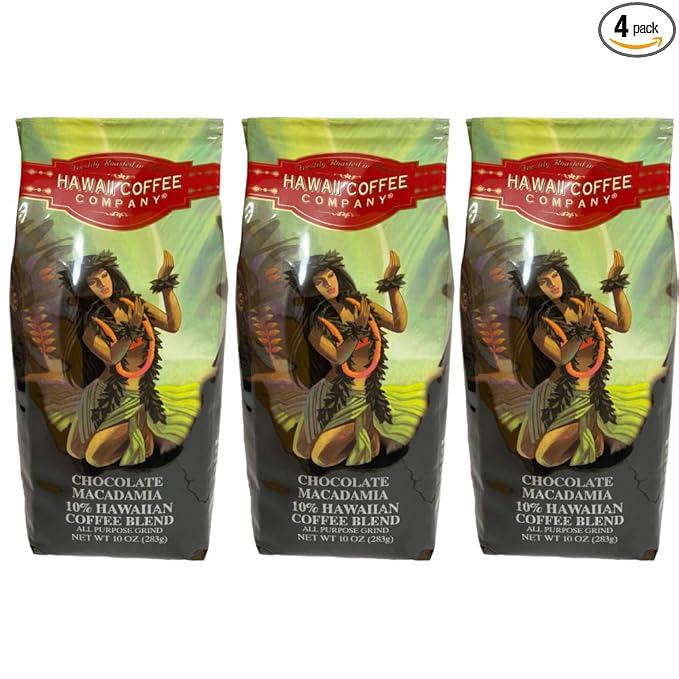 Hawaii Coffee Company 10% Hawaiian Blend Chocolate Macadamia Flavor Ground Coffee 10oz Bag (Three Bags)