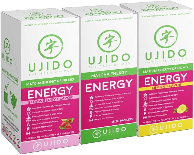 Ujido Matcha Energy Packets Lemon Flavor Sugar-Free Monkfruit Non-GMO Antioxidant Keto &amp Vegan 2g x 15 Count