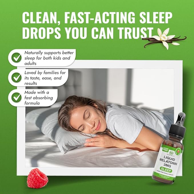 Benevolent Liquid Melatonin Drops for Adults and Kids 3mg - Melatonin Liquid as Fast-Acting Sleep Aid to Fall Asleep Faster &amp Longer - Non-GMO &amp Made in USA - Berry Vanilla Flavor 2 Month Sup