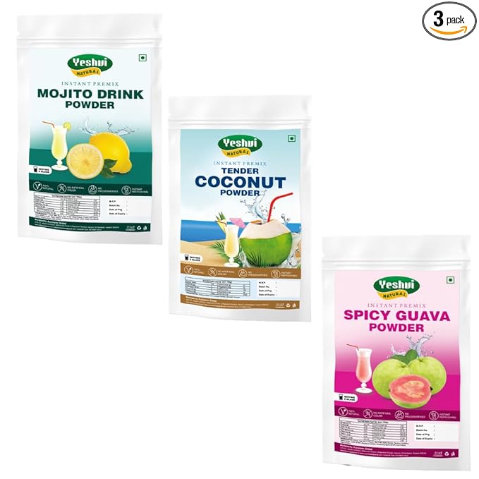Yeshvi NATURAL Mojito Drink Powder &amp Tender Coconut Water Powder With Spicy Guava Powder Combo Pack Instant Drink Powder Drink 300gm