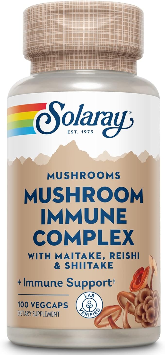 SOLARAY Maitake Reishi &amp Shiitake Mushroom Complex Capsules - Mushroom Supplement for Men &amp Women 600 mg per Serving Immune Health Support - 100 Veg Caps