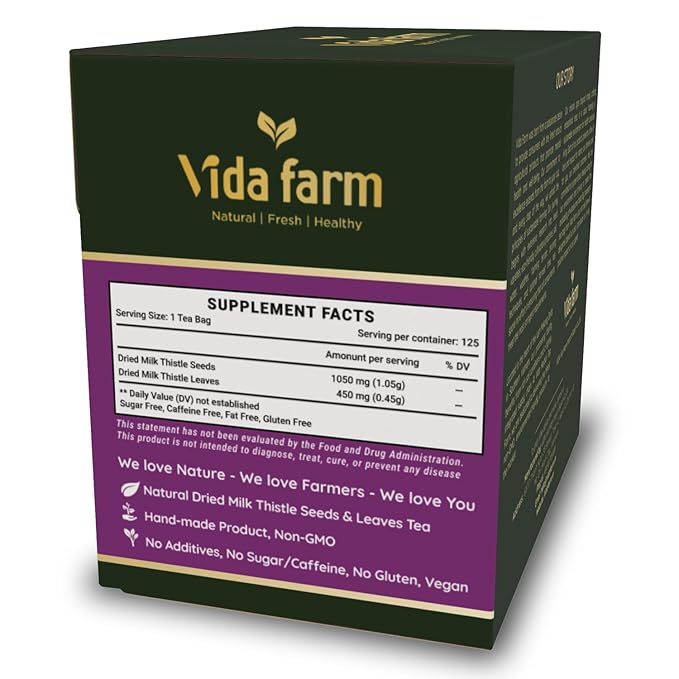 VIDA FARM Milk Thistle Tea Bags - 125 Count 100% Natural Seeds and Leaves Dried Herbal Tea Sugar Free Caffeine Free