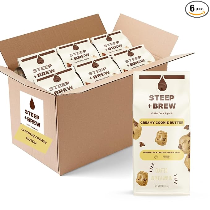 STEEP + BREW Creamy Cookie Butter Coffee | Premium Arabica Flavored Coffee | Ground | Light Roast | 10 oz | PACK OF 6