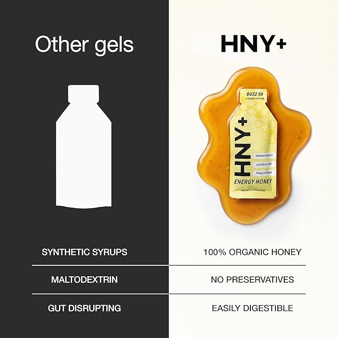 HNY+ Buzz Organic Honey Energy Gel with Electrolytes Magnesium Sea Salt Potassium &amp Green Tea Caffeine Gluten Free &amp Vegan Workout Gels for Gym Running &amp Hiking 50mg Caffeine 12 P