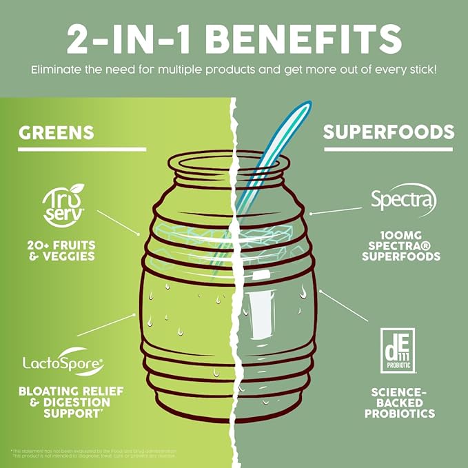 Salud 2-in-1 Greens Powder + Superfood Drink Mix Packets 20+ Fruits and Veggies Probiotics Prebiotics Supports Digestive Health Bloating Relief Vegan Green Apple (15 Servings)