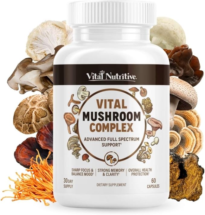 Vital 10-in-1 Mushroom Supplement Complex – High Potency Lion’s Mane Cordyceps Reishi &amp Turkey Tail Capsules – Nootropic Brain Support for Memory Focus &amp Energy – 30 Day Supply