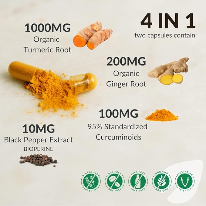 Turmeric Curcumin Supplement with Black Pepper &amp Ginger Root 1000mg | Optimized Formula 95% Curcuminoids Curcuma | Joint Health &amp Inflammation Support | 60 Capsules Powder Filled